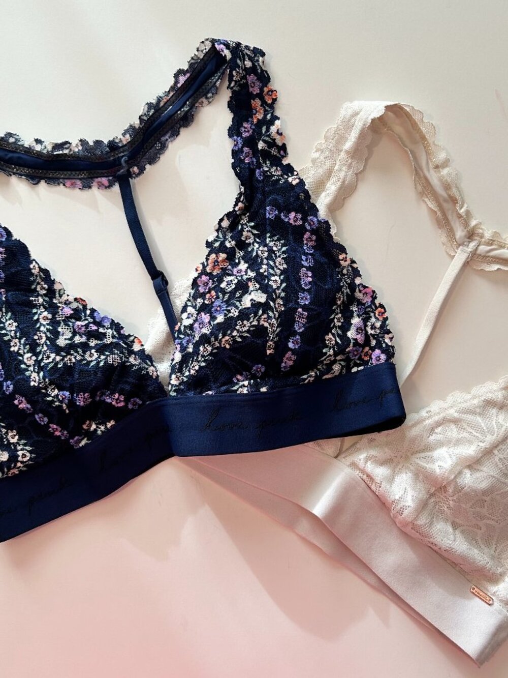 PINK Racerback Lace Bralette Set of 2 White and Blue Floral Patterned Size S